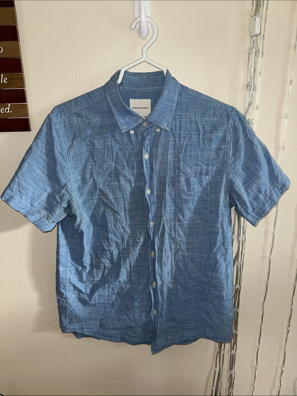 American Eagle Outfitters Blue Short-Sleeve Button-Down Shirt